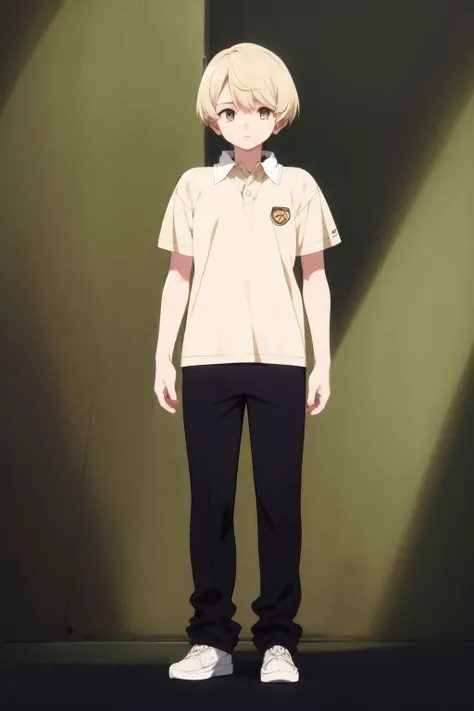 full body, solo, 1boy, male, looking to the side, beige hair, cream eyes, brown polo shirt, day <lora:fujishima_kousuke_style_v04:1>