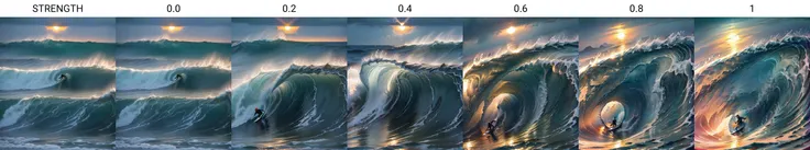 <lora:ColorBomb:STRENGTH> the shining sun sinks calmly into the horizon of a dark ocean storm with huge waves, the sun light lightens the dark sea, a lonely surfer enjoying the ride on the waves (Masterpiece:1.4), (Best Quality 1.3)