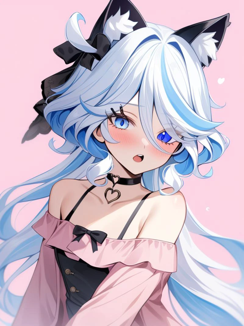 masterpiece, best quality, 1girl, solo, blue eyes, long hair, looking at viewer, upper body, bangs, bare shoulders, blue hair, floating hair, off shoulder, hair between eyes, <lora:shuishen:0.7>, genshin impact, furina, long_hair, multicolored_hair, long_sleeves, streaked_hair, very_long_hair, side face, face focus, looking at viewer, bangs, multicolor eyes, glove,
heart, animal ears, heart choker, choker, hair ornament, long hair, fake animal ears, open mouth, hairclip, cat ears, pink background, upper body, blue eyes, paw pose, collarbone, blush, ribbon, skirt, bare shoulders, bangs, bag, hair ribbon, simple background, shirt, plaid, teeth, pink shirt, black ribbon