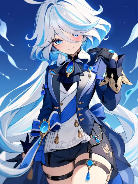 <lora:shuishen:1>,1girl,solo,long_hair,smile,multicolored_hair,long_sleeves,closed_mouth,streaked_hair,very_long_hair,thigh_strap,furina_clothes, genshin impact, furina, masterpiece, best quality, looking at viewer, bangs, multicolor eyes, glove, hand up, flower, blunt bangs, closed mouth, elegant, tassel, ribbon, portrait, colorful, blue background, frills, upper body, fingernails