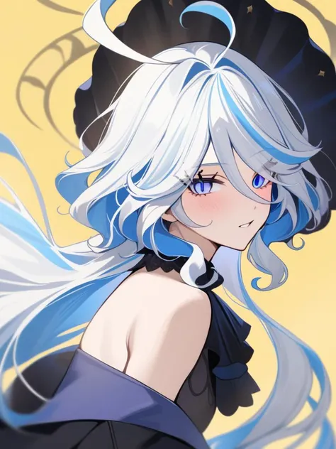 masterpiece, best quality, 1girl, solo, blue eyes, long hair, looking at viewer, upper body, yellow background, bangs, bare shoulders, blue hair, floating hair, off shoulder, from side, hair between eyes, <lora:shuishen:0.7>, genshin impact, furina, long_hair, multicolored_hair, long_sleeves, streaked_hair, very_long_hair, side face, face focus, looking at viewer, bangs, multicolor eyes, glove