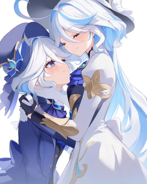 masterpiece,best quality,<lora:furina:1>,multiple_girls, 2girls, focalors_(genshin_impact), furina_(genshin_impact), genshin_impact, closed_eyes, wavy_hair, hands_on_another's_face, smile, open_mouth, waist_bow, blue_bow, simple_background, long_sleeves, ahoge, furrowed_brow, hands_on_another's_cheeks, mismatched_gloves, gloves, from_side, bow, shirt, blue_ascot, blue_jacket, long_hair, asymmetrical_gloves, blue_brooch, blue_hair, closed_mouth, crying, hair_between_eyes, see-through, multicolored_hair, white_shirt, streaked_hair, light_blue_hair, double-parted_bangs, jacket, white_background, black_gloves, ascot, white_gloves, unworn_headwear, long_bangs