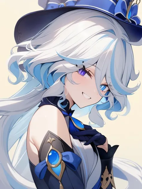 masterpiece, best quality, 1girl, solo, blue eyes, long hair, looking at viewer, upper body, yellow background, bangs, bare shoulders, blue hair, floating hair, off shoulder, from side, hair between eyes, <lora:shuishen:0.7>, genshin impact, furina, long_hair, smile, multicolored_hair, long_sleeves, grin, streaked_hair, very_long_hair, side face, face focus, looking at viewer, bangs, multicolor eyes, glove, detailed face,
