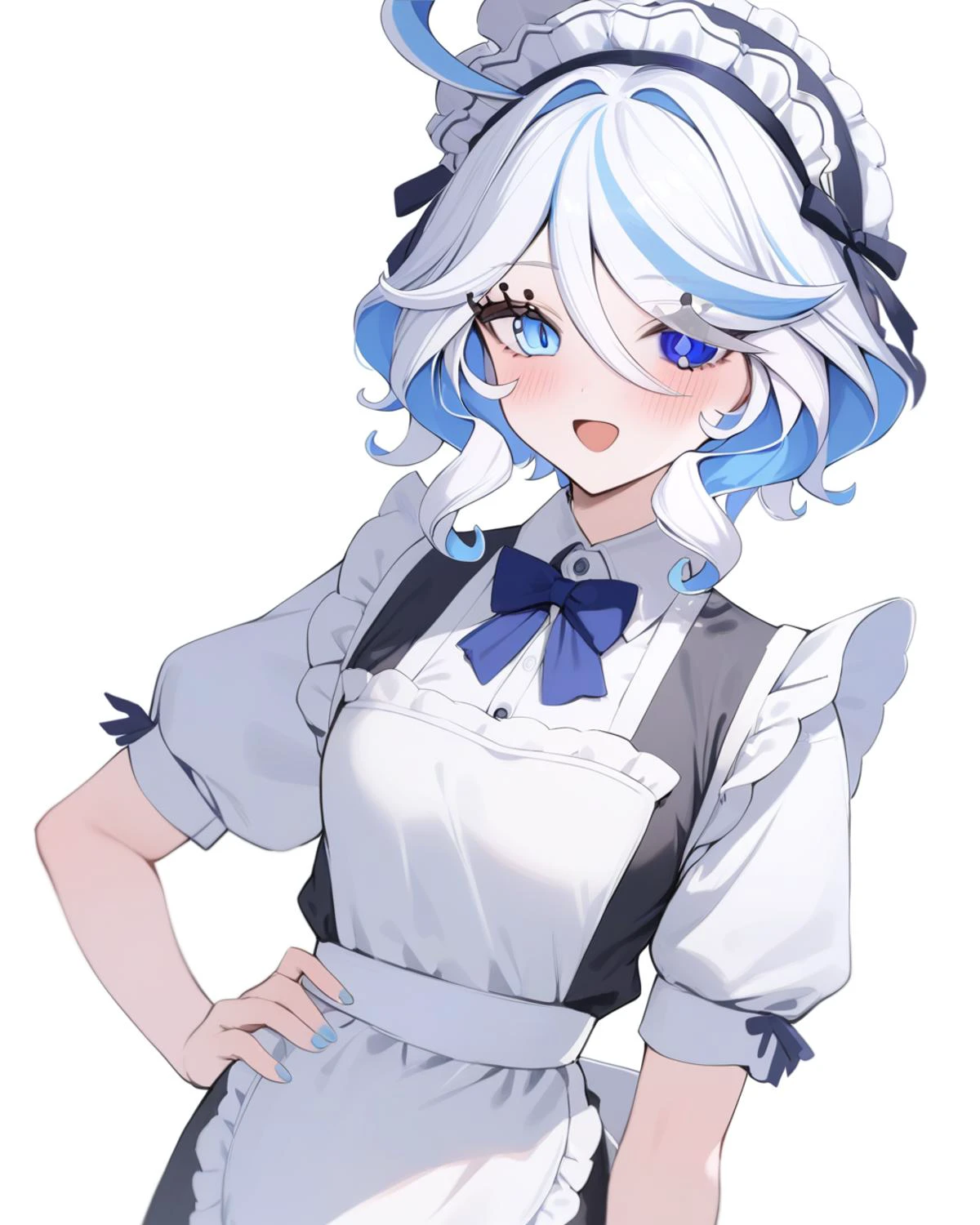 masterpiece,best quality,<lora:furina:1>,1girl, furina \(genshin impact\), genshin impact, white apron, maid apron, heterochromia, blush, enmaided, two-tone hair, simple background, open mouth, holding, looking at viewer, solo, white pupils, long hair, :d, white background, blue hair, short sleeves, blue bowtie, maid headdress, blue eyes, hand on own hip