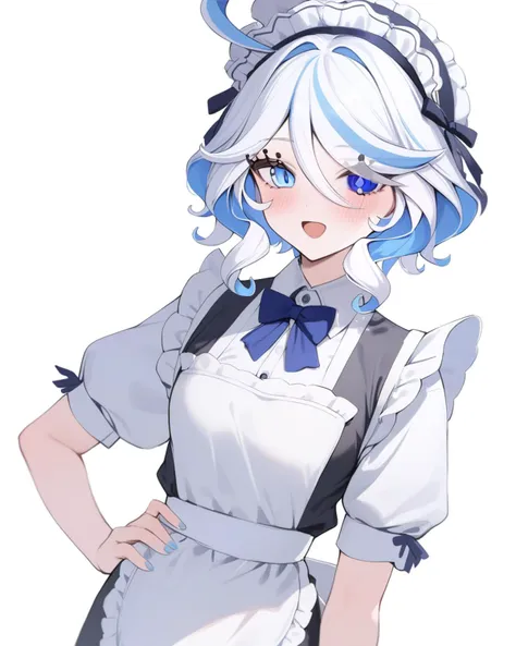 masterpiece,best quality,<lora:furina:1>,1girl, furina \(genshin impact\), genshin impact, white apron, maid apron, heterochromia, blush, enmaided, two-tone hair, simple background, open mouth, holding, looking at viewer, solo, white pupils, long hair, :d, white background, blue hair, short sleeves, blue bowtie, maid headdress, blue eyes, hand on own hip