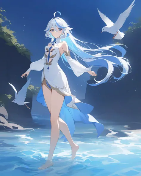 masterpiece,best quality,<lora:furina:1>,1girl, focalors_(genshin_impact), genshin_impact, smile, walking, water, ahoge, light_particles, two-tone_hair, toes, outdoors, bird, barefoot, full_body, long_hair, blue_hair, closed_mouth, multicolored_hair, legs, streaked_hair, light_blue_hair, solo