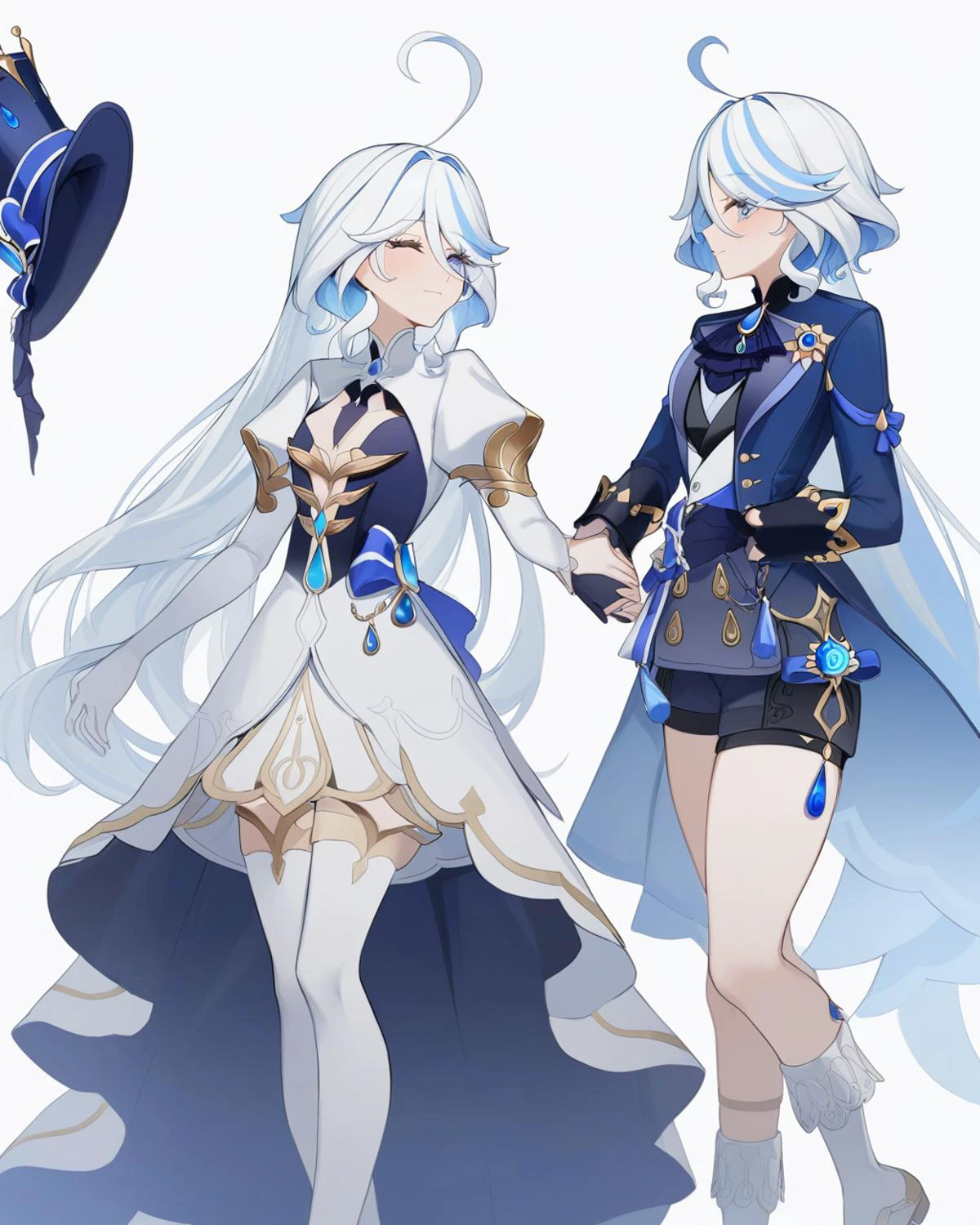 masterpiece,best quality,<lora:furina:1>,multiple_girls,2girls,focalors_(genshin_impact),furina_(genshin_impact),genshin_impact,closed_eyes,kodona,black_ascot,simple_background,long_sleeves,ahoge,swept_bangs,hat,blue_footwear,vision_(genshin_impact),very_long_hair,top_hat,blue_jacket,dress,long_hair,parted_bangs,holding_hands,puffy_sleeves,hand_on_another's_head,blue_hair,hair_between_eyes,hair_intakes,artist_name,ta_fashion,white_background,double-parted_bangs,jacket,juliet_sleeves,ascot,unworn_hat,unworn_headwear,