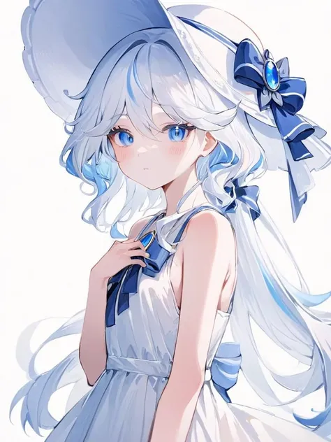 ultra-detailed,(best quality),((masterpiece)),(highres),original,extremely,<lora:shuishenx_xl:1>,funingna,1girl,hat,blue eyes,dress,solo,white dress,looking at viewer,white headwear,closed mouth,long hair,fu hua,ribbon,sleeveless,sleeveless dress,border,bare shoulders,sundress,white background,bow,hand on headwear,sun hat,