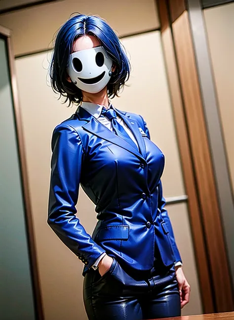 (masterpiece:1.4), (best quality), (detailed), (highres) BREAK
1guy,<lora:highriseV15:0.5>, (highrise_mask:1), smile, solo, blue hair, short hair, close-up, office lady, business suit, black pants, holding notebook, holding notepad, necktie, night sky, moonlit sky, night