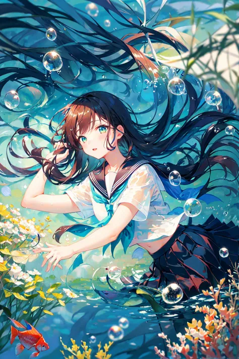 bubble, rating:safe, air_bubble, underwater, 1girl, fish, long_hair, submerged, school_uniform, serafuku, solo, water, skirt, neckerchief, short_sleeves,(Impressionism:1.4)