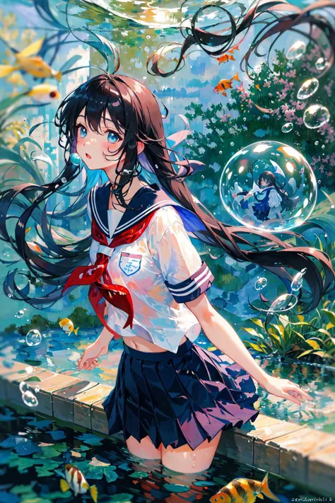 bubble, rating:safe, air_bubble, underwater, 1girl, fish, long_hair, submerged, school_uniform, serafuku, solo, water, skirt, neckerchief, short_sleeves,(Impressionism:1.4)