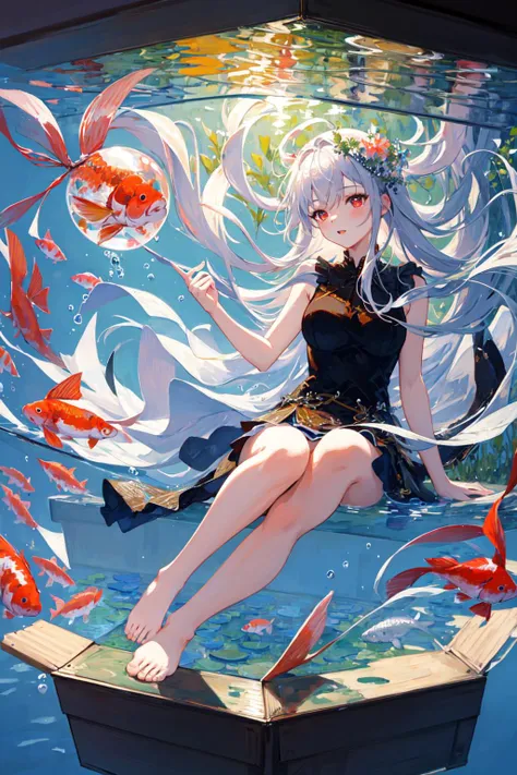 A woman sitting on a boat with a fish in the water - SeaArt AI