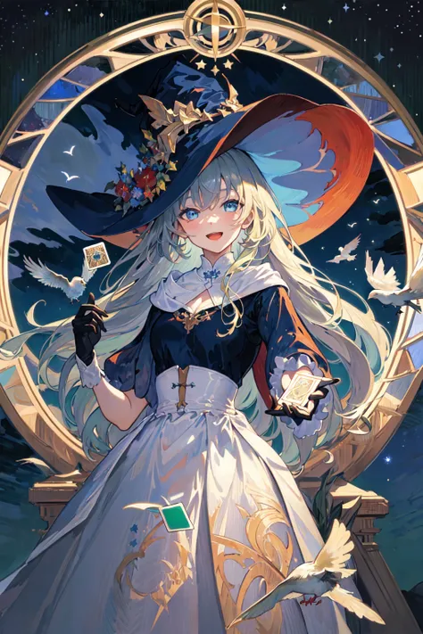 ((masterpiece:1.2, best quality)), 1girl, solo, (witch hat), blonde hair, long hair, dress, aurora, night, star (sky), gloves, sky, white dress, night sky, open mouth, starry sky, blue eyes, ribbon, very long hair, red dress, smile, hair ribbon, cape, blue hair, (bird), magic, casting spell, dark clouds, night, (impressionism:1.4), (tarot:1.3), alphonse mucha,