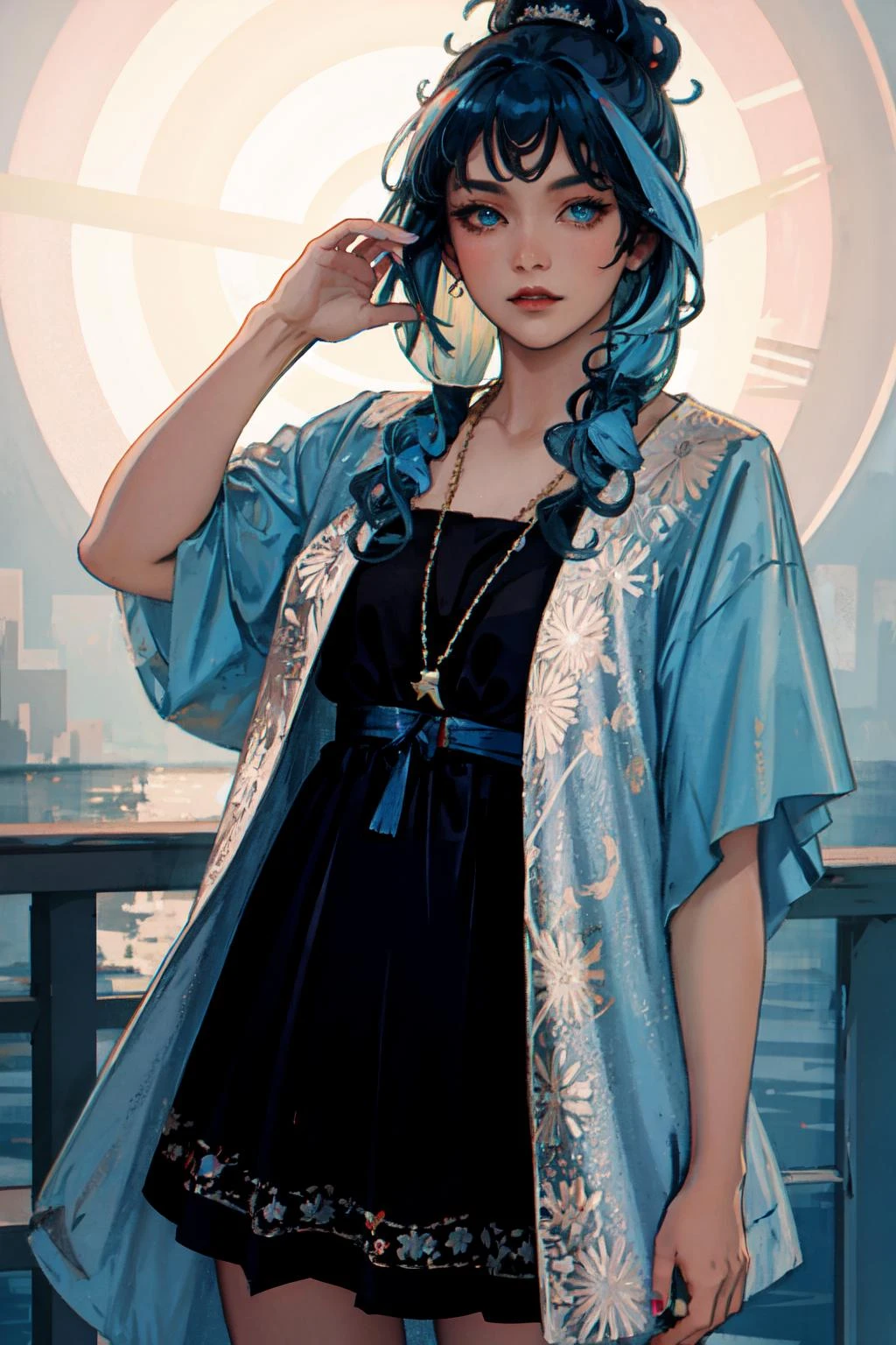 (photorealistic:1.35),best quality,ultra high res,(masterpiece),(high detailed face:1.2),(beautiful detailed eyes:1.4),High detailed,(nsfw),1girl, colored tips eyes,bright pupils,open robe, skirt,leg cutout,twinkle eye, hair ornament, topknot, blue hair,looking at viewer,nail polish, reflection light, v,sideways,uper body,sunburst background, <lora:alphonseMucha_v12:0.5> <lora:chineseFashionGirl_chineseFashionGirl20:0.3>