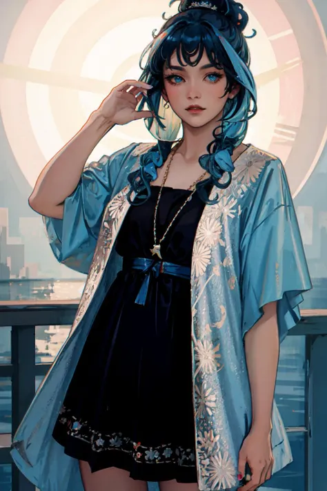 (photorealistic:1.35),best quality,ultra high res,(masterpiece),(high detailed face:1.2),(beautiful detailed eyes:1.4),High detailed,(nsfw),1girl, colored tips eyes,bright pupils,open robe, skirt,leg cutout,twinkle eye, hair ornament, topknot, blue hair,looking at viewer,nail polish, reflection light, v,sideways,uper body,sunburst background, <lora:alphonseMucha_v12:0.5> <lora:chineseFashionGirl_chineseFashionGirl20:0.3>