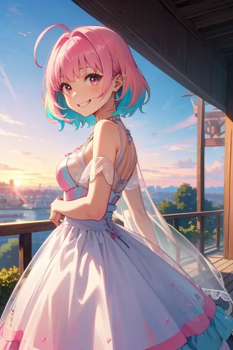 upper body, portrait, masterpiece, best quality, yumemiriamu, medium breasts, <lora:bloodsplash_yumemi_riamu:0.8>, 1girl, smile, grin, pink hair, evening dress, see-through dress, ahoge, multicolored hair, looking at viewer, two-tone hair, outdoors, scenic view, beautiful and aesthetic, professional illustration, amazing, official art, hires