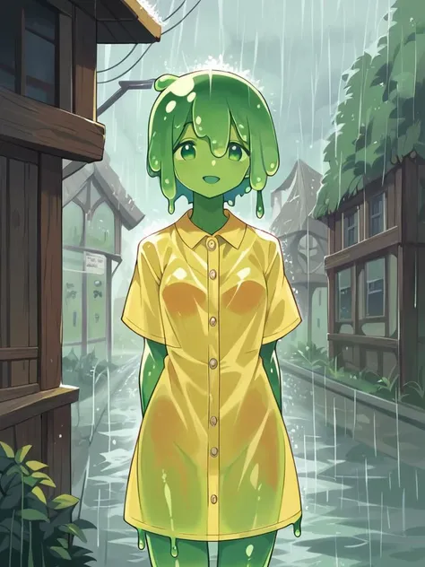 score_9, score_8_up, score_7_up, score_6_up, score_5_up, score_4_up, source_anime, slime girl, green skin, translucent yellow (raincoat:1.1), hands behind back, tilted forward, playful, happy, wet, outside, rural town, heavy rain, (raining:1.1), wind, cowboy shot, humanoid, solo, <lora:slimegirlsupremacy:1>, detailed, beautiful