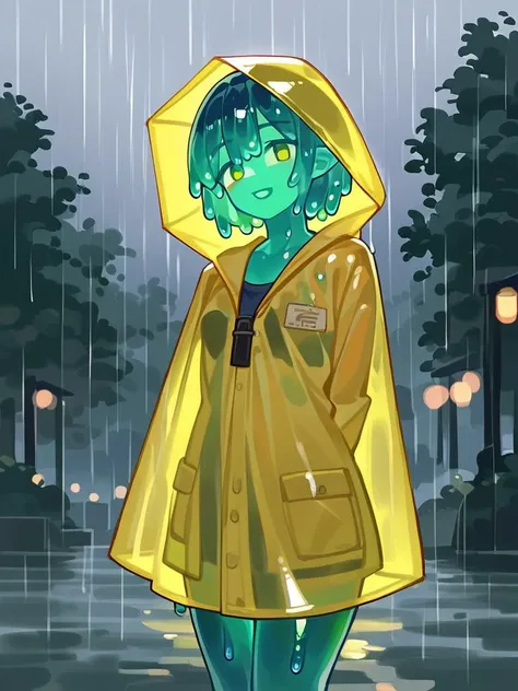 score_9, score_8_up, score_7_up, score_6_up, score_5_up, score_4_up, source_anime, slime girl, purple and cyan gradient skin, translucent yellow (raincoat:1.1), hands behind back, tilted forward, playful, happy, wet, outside, rural town, heavy rain, (raining:1.1), wind, cowboy shot, humanoid, solo, detailed, beautiful