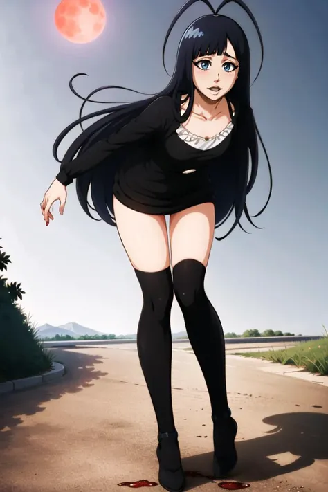 masterpiece, highly detailed, Best quality,(GiselleGewelle:1.3), ultra high res,1boy, full body(blue_eyes, long_hair, beatle,:1.2),solo<lora:GiselleGewelle:0.8>, blood on clothes, outdoors, red moon, black shirt, black skirt, leaning forward