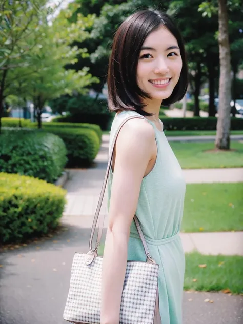 <lora:JurinaMatsuiBRAv3:0.8>jurina matsui,k,4k,intricate details, RAW photo, ultra realistic,best quality,masterpiece,ultra detailed,high resolution,photorealistic,bob cut,looking over the shoulder , smiling, solo, walking through a city park, designer bag, modern dress, finely detailed skin, pro photo shoot, high resolution, 8k, realistic, photo, depth of field