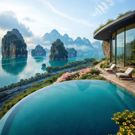 a view of a pool with a mountain in the background