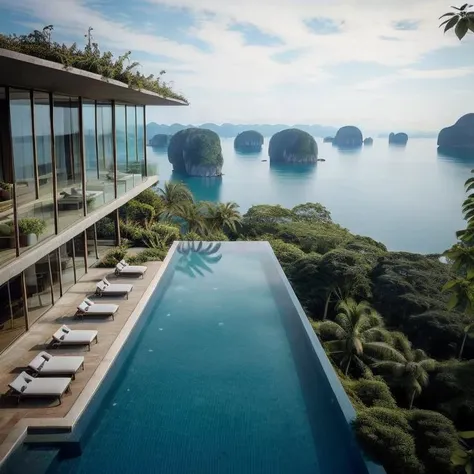 a view of a pool with lounge chairs and a view of the ocean