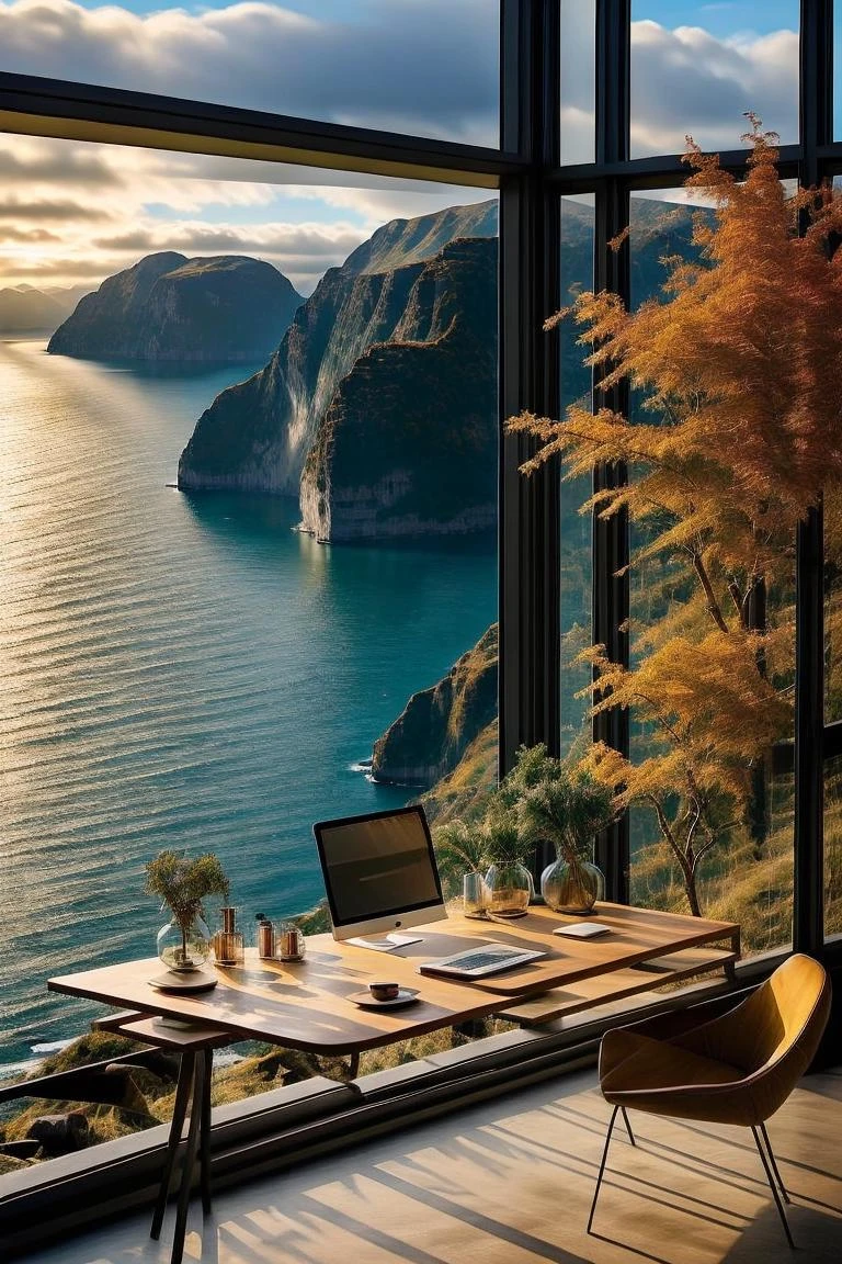 <lora:greenroom-HXZ:0.8>green houseï¼tree,no humans, scenery, computer, tree, chair, window, table, mountain