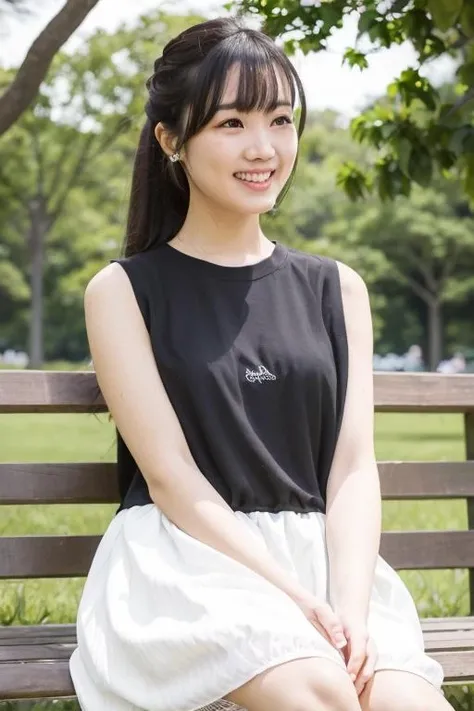 1girl, (wearing a sleeveless dress:1.6),(RAW photo, best quality), (realistic, photo-realistic:1.4), masterpiece, an extremely delicate and beautiful, extremely detailed, 2k wallpaper, Amazing, finely detail, extremely detailed CG unity 8k wallpaper, ultra-detailed, highres, soft light, beautiful detailed girl, extremely detailed eyes and face, beautiful detailed nose, beautiful detailed eyes,cinematic lighting,(in the park:1.8),perfect anatomy,slender body,(laugh:1.4),(young girl:1.4),(upper body:2.0),(look at viewer:1.4),(front view:2.0),cinematic angle,(wavy long hair:1.2),(standing:1.8),(cleavage:1.4), <lora:takahashikarin_lora-03:0.8>