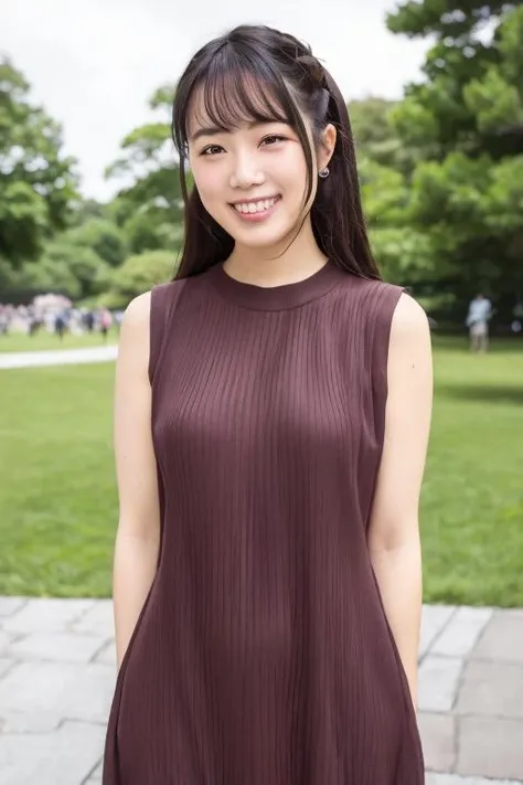 1girl, (wearing a sleeveless dress:1.6),(RAW photo, best quality), (realistic, photo-realistic:1.4), masterpiece, an extremely delicate and beautiful, extremely detailed, 2k wallpaper, Amazing, finely detail, extremely detailed CG unity 8k wallpaper, ultra-detailed, highres, soft light, beautiful detailed girl, extremely detailed eyes and face, beautiful detailed nose, beautiful detailed eyes,cinematic lighting,(in the park:1.8),perfect anatomy,slender body,(laugh:1.4),(young girl:1.4),(close up:1.6),(look at viewer:1.4),(front view:2.0),cinematic angle,(wavy long hair:1.2),(standing:2.0),(cleavage:1.4), <lora:takahashikarin_lora-03:0.8>