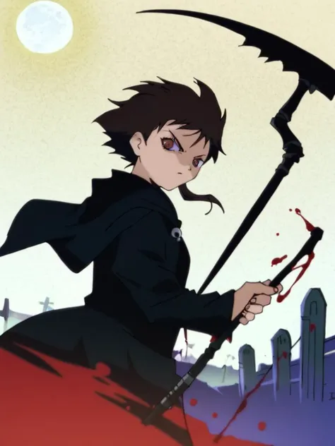 score_9, score_anime, anime, uncensored, [angry], looking at viewer, Lain, brown hair, single sidelock, ((grim reaper, black cloak)), (blood on scythe, swinging scythe), ((upper body)), holding scythe, full moon, night sky, graveyard, <lora:Lain_PonyXLv3:1>, detailed, beautiful