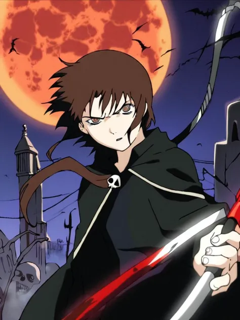 score_9, score_anime, anime, uncensored, [angry], looking at viewer, Lain, brown hair, single sidelock, ((grim reaper, black cloak)), (blood on scythe, swinging scythe), ((upper body)), holding scythe, full moon, night sky, graveyard, outdoors, <lora:Lain_PonyXLv3:1>, detailed, beautiful