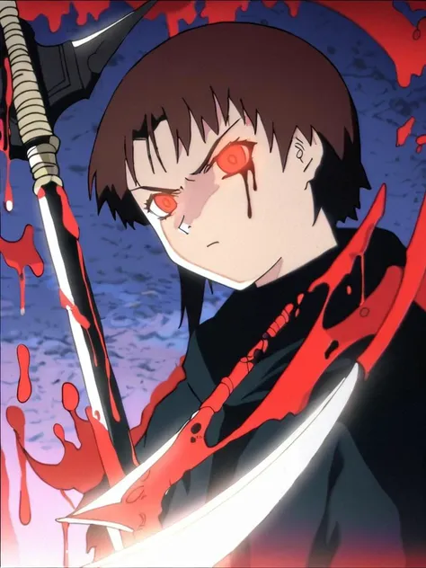 score_9, score_anime, anime, uncensored, [angry], looking at viewer, Lain, glowing eyes, brown hair, asymmetrical hair, single sidelock, looking inside, ((grim reaper, black cloak)), (bloodily scythe, blood, blood drip, holding scythe), full moon, night sky, upper body, <lora:Lain_PonyXLv3:1>, detailed, beautiful