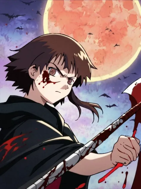 score_9, score_anime, anime, uncensored, [angry], looking at viewer, Lain, brown hair, single sidelock, ((grim reaper, black cloak)), (blood on scythe, swinging scythe), ((upper body)), holding scythe, moon, night sky, outdoors, <lora:Lain_PonyXLv3:0.8>, detailed, beautiful