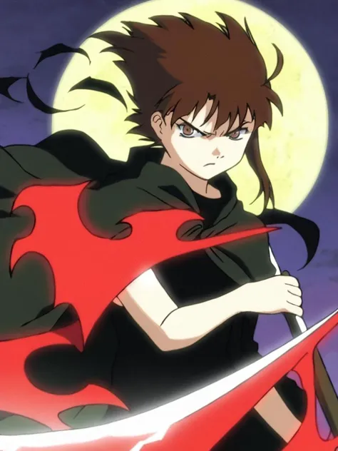 score_9, score_anime, anime, uncensored, [angry], looking at viewer, Lain, brown hair, single sidelock, ((grim reaper, black cloak)), (bloodily scythe, swinging scythe), ((upper body)), holding scythe, full moon, night sky, upper body, <lora:Lain_PonyXLv3:1>, detailed, beautiful