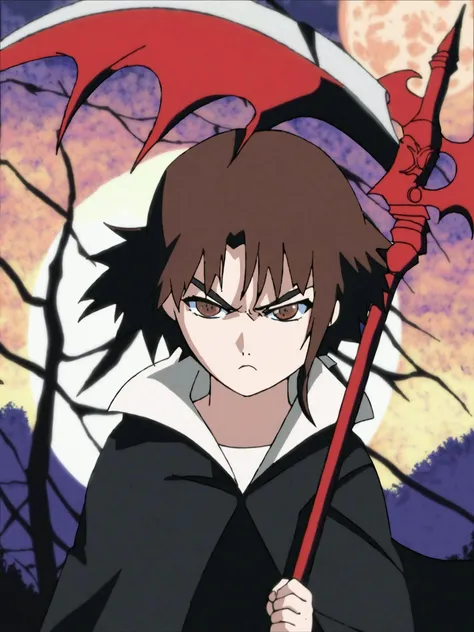 score_9, score_anime, anime, uncensored, [angry], looking at viewer, Lain, brown hair, single sidelock, ((grim reaper cosplay, grim reaper black cloak)), holding weapon, (bloodily scythe, holding scythe), ((upper body)), moon, night sky, outdoors, pose, <lora:Lain_PonyXLv3:1>