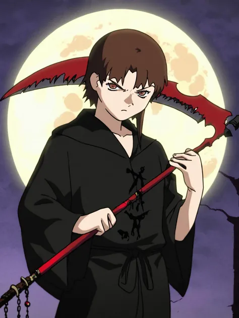 score_9, score_anime, rating_safe, anime, uncensored, [angry], looking at viewer, Lain, brown hair, looking inside, grim reaper robe, black robe, holding weapon, bloodily scythe, full moon, night sky, <lora:Lain_PonyXLv3:1>, detailed, beautiful