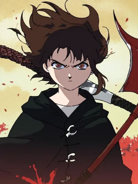 score_9, score_anime, anime, uncensored, [angry], looking at viewer, Lain, brown hair, single sidelock, ((grim reaper, black cloak)), (blood on scythe, swinging scythe), ((upper body)), holding scythe, moon, night sky, outdoors, <lora:Lain_PonyXLv3:1>, detailed, beautiful