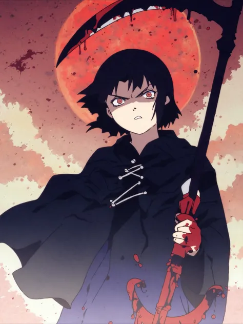 score_9, score_anime, rating_explicit, anime, uncensored, [angry], looking at viewer, Lain, brown hair, looking inside, grim reaper, black cloak, (bloodily scythe, blood, blood drip on scythe, holding scythe), full moon, night sky, upper body, <lora:Lain_PonyXLv3:1>, detailed, beautiful