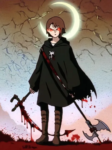 score_9, score_anime, anime, uncensored, [angry], looking at viewer, Lain, glowing eyes, brown hair, asymmetrical hair, single sidelock, looking inside, ((grim reaper, black cloak)), (bloodily scythe, blood, blood drip, holding scythe), full moon, night sky, upper body, <lora:Lain_PonyXLv3:1>, detailed, beautiful