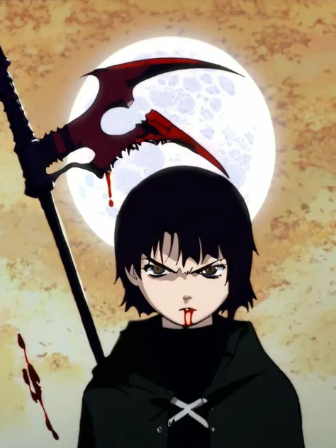 score_9, score_anime, anime, uncensored, [angry], looking at viewer, Lain, brown hair, single sidelock, ((grim reaper, black cloak)), (bloodily scythe, blood) holding scythe, full moon, night sky, upper body, <lora:Lain_PonyXLv3:1>, detailed, beautiful