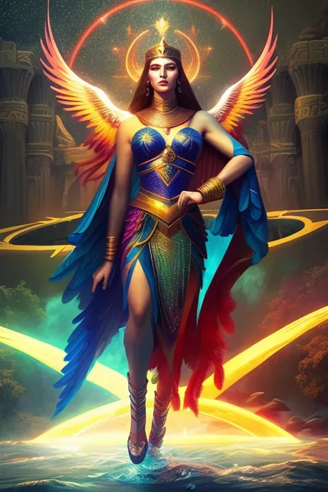 Isis the Goddess of Rainbow, Egyptian woman, peacock feathered wings, long flowing iridescent dress, standing on the edge of the River Nile, glowing red eyes, cinematic eye textures, hyper focus on facial details, individual hair strands, beauty filter, BREAK masterpiece illustration portrait, clear skies after the rain background, subsurface scattering, ray traced, depth of field, bokeh, vivid colors, cinematic hard lighting, realistic shadows,