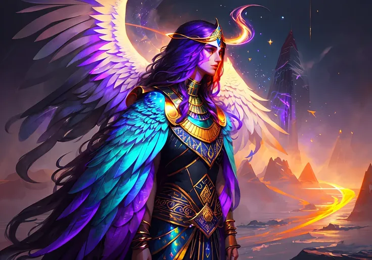 Isis the Goddess of Rainbow, Egyptian woman, peacock feathered wings, long flowing iridescent dress, standing on the edge of the River Nile, glowing purple eyes, cinematic eye textures, hyper focus on facial details, individual hair strands, beauty filter, BREAK masterpiece illustration portrait, clear skies after the rain background, subsurface scattering, ray traced, depth of field, bokeh, vivid colors, cinematic hard lighting, realistic shadows,