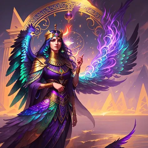 Isis the Goddess of Rainbow, Egyptian woman, peacock feathered wings, long flowing iridescent dress, standing on the edge of the River Nile, glowing purple eyes, cinematic eye textures, hyper focus on facial details, individual hair strands, beauty filter, BREAK masterpiece illustration portrait, clear skies after the rain background, subsurface scattering, ray traced, depth of field, bokeh, vivid colors, cinematic hard lighting, realistic shadows,