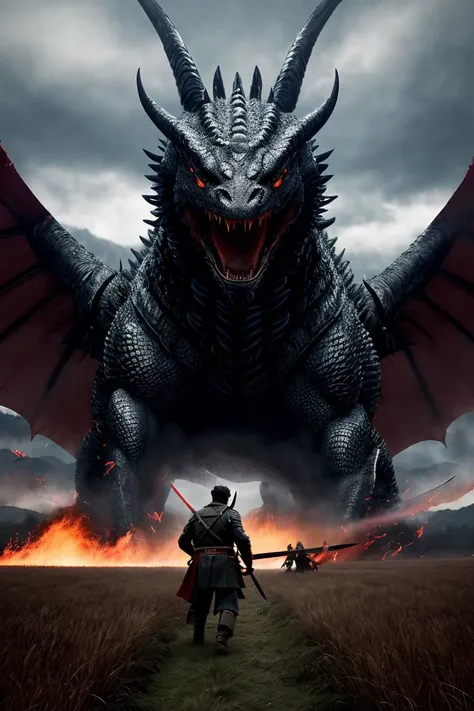 Climactic scene, a samurai with his katana standing in a field facing a distant giant dragon creature with a demonic face, glowing eyes, two outstretched wings, scaled muscular arms sharp claws, ready to start fight, intense scene, fire and air flows, 8k ultrafine detail, attack on titan style, masterpiece, cinematic,(size difference),