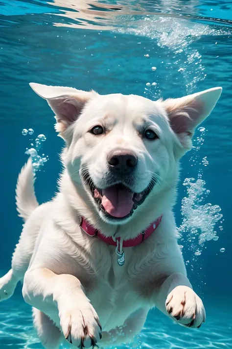 Happy dog swimming underwater and having fun. Happy childhood and summer vacation. High quality photo realistic .8k,detailed,realistic,8k uhd,high quality,