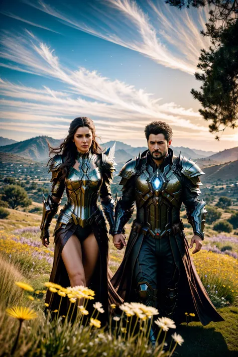 <lora:hades_armor_v3:1> masterpiece of photorealism, photorealistic highly detailed professional 8k raw photography, best hyperrealistic quality, volumetric real-time lighting and shadows, Compose a stunning picture with a man and a woman as protagonists. The man and the woman should be wearing (hades_armor:1.2), exuding the adventurous spirit and action of a Hollywood blockbuster. Place them in a Dandelion Fields landscape full of busy people. Capture the play of natural light, emphasizing their features and the beauty of the environment. The image should be taken from a Wide Shot perspective