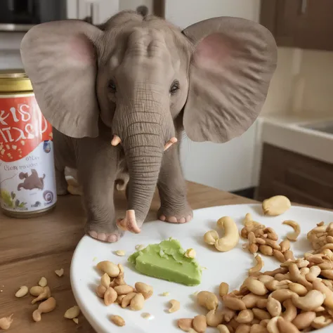 an example of a small mouse-like elephant prince happy with his peanuts in the kitchen, elements of whimsy