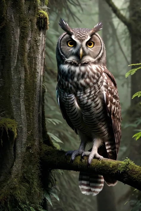 In the green forest, an owl perches on a treetop, 8k artistic photography, photorealistic concept art, soft natural volumetric cinematic perfect light, trending on artstation, ray tracing, extremely detailed, ultra high quality model, ultra high res, hdr, warm lights, dramatic light