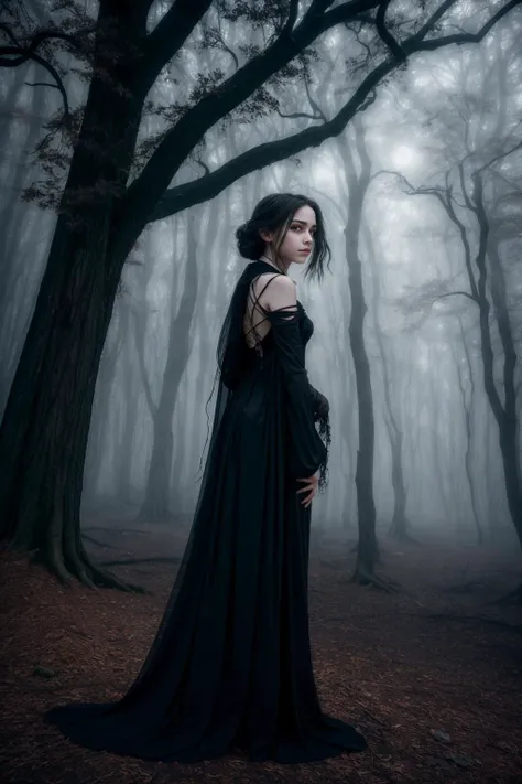 masterpiece, best quality, highly detailed photorealistic raw image, volumetric lighting, volumetric shadows, 8k render in octane
In a realm where death and darkness intertwine with the haunting beauty of magic and enchantments, a captivating female protagonist emerges as a beacon of both resilience and vulnerability amidst a chilling backdrop. She assumes an artistic posture that seems to channel the very essence of this ominous worldâa world shrouded in perpetual twilight, where ethereal specters drift through moonlit mists, and ancient spells echo through shadowy forests. Her eyes, aglow with both the secrets of dark sorcery and the haunting memories of lost companions, reflect the eerie beauty of this realm's malevolence. Her gown, a fusion of ethereal grace and the tattered remnants of past encounters, weaves a haunting narrative. As she strikes this mesmerizing and dramatic pose, she becomes a living embodiment of the delicate balance between life and death, light and darkness, promising a journey through a world where the boundaries of reality and the allure of magic merge amidst the specter of mortalityâa world where every step treads the fine line between enchantment and despair, and every moment is a brushstroke on the canvas of a haunting, otherworldly drama.