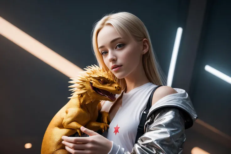 Create a photorealistic masterpiece in stunning 8K resolution, featuring a Cute young blonde headed cyberpunk girl holding her baby dragon, fantasy, exquisite detail, 30 - catch light, low - contrast, High - sharpness, depth - of - field,- hour, ultra - detailed photography, shiny stars in the sky. This scene invites viewers to lose themselves in a world where the girl's beauty harmonizes with the magnificence of her surroundings, offering a truly mesmerizing and immersive experience